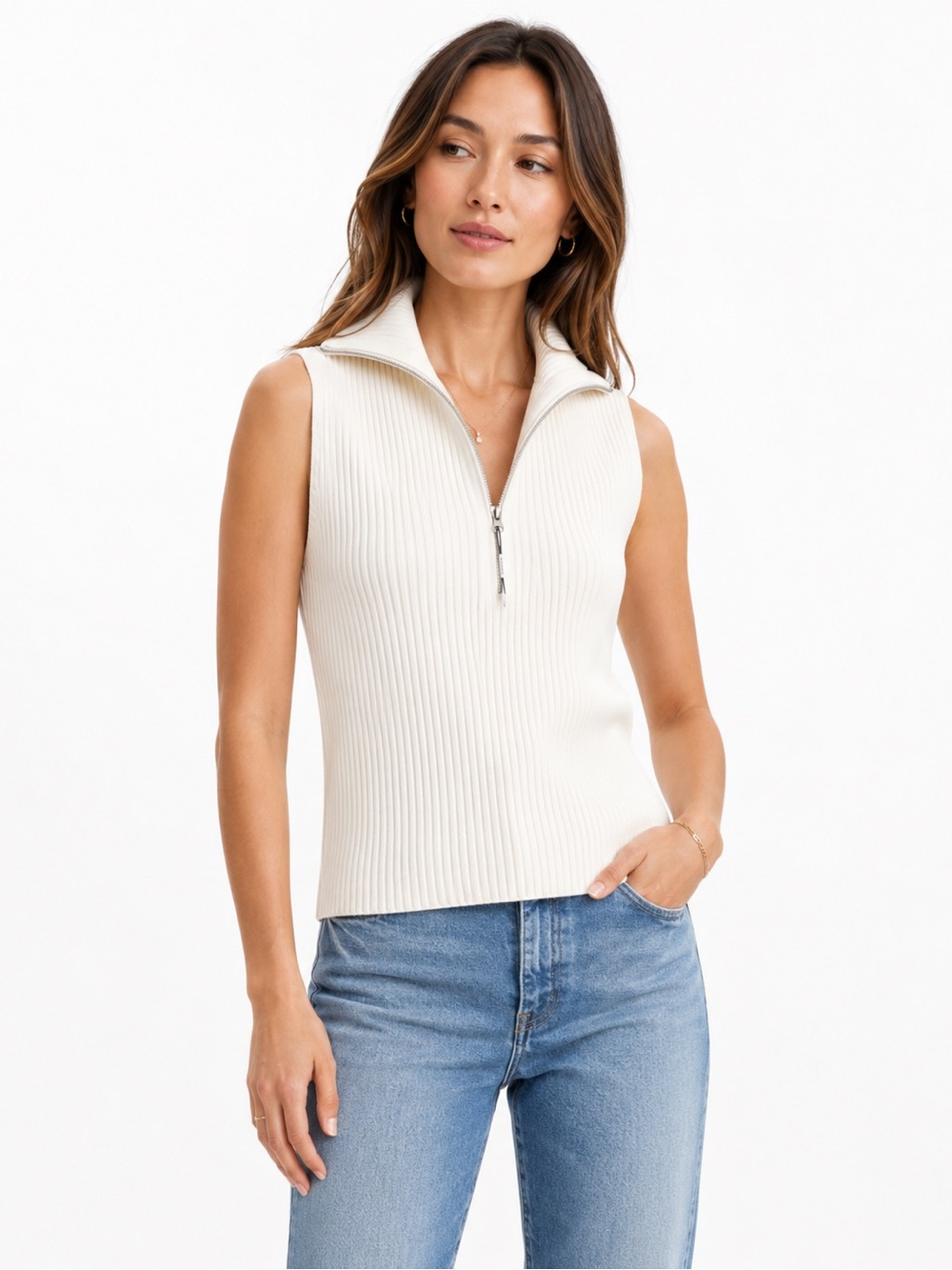 Jason Wu Ribbed Sleeveless Zip Mock Neck Top NWT White Size L